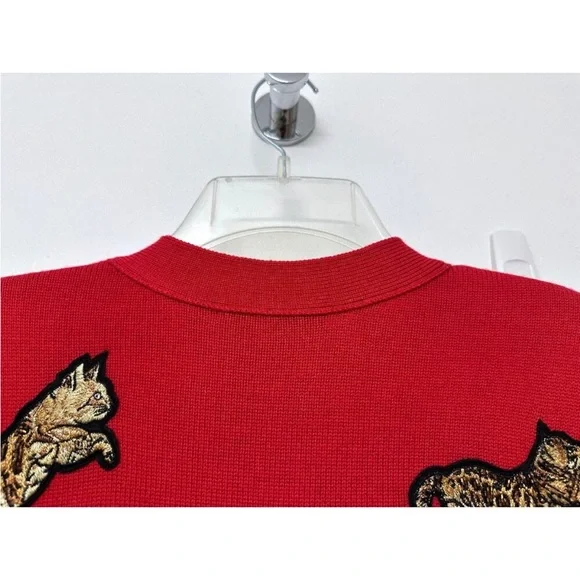 Alice + Olivia Red Bengal Cat Embroidered Grandpa Cardigan – Wool Blend, Size M - Picture 10 of 15